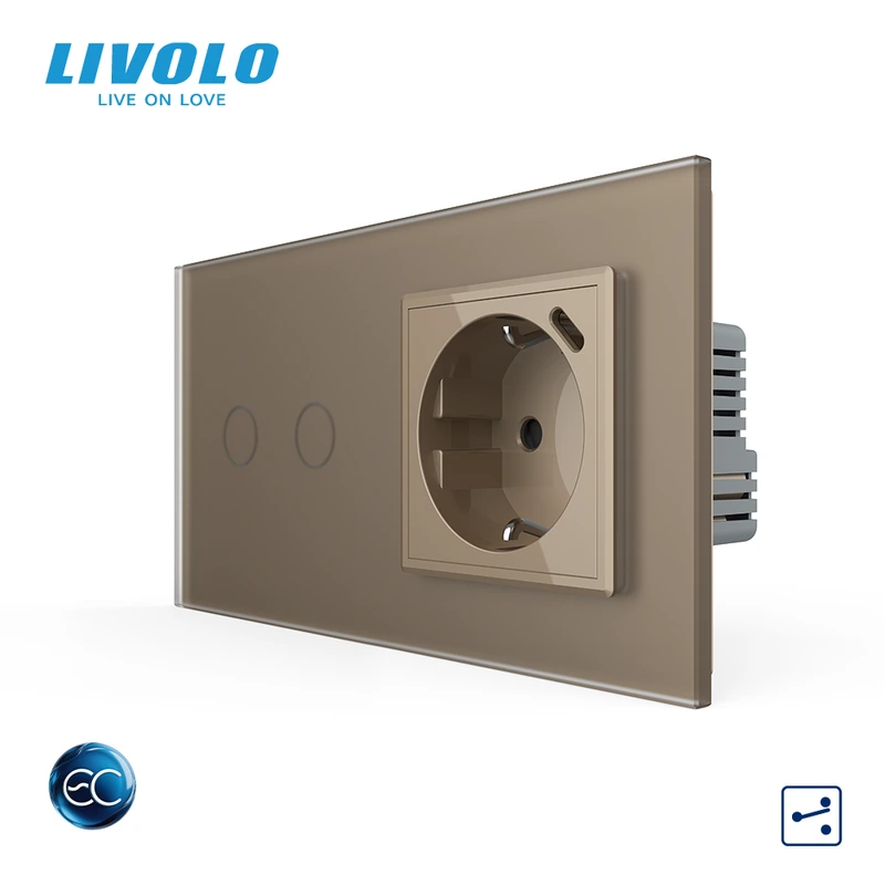 Розумний сенсорний подвійний прохідний вимикач LIVOLO з розеткою та USB Type-C 18Вт, золотий матовый, скло