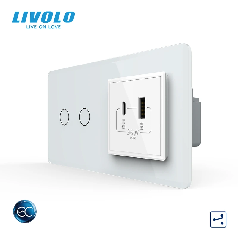 Розумний сенсорний подвійний прохідний вимикач LIVOLO з розеткою USB-A + USB-C 36Вт білий 2.5D скляна рамка