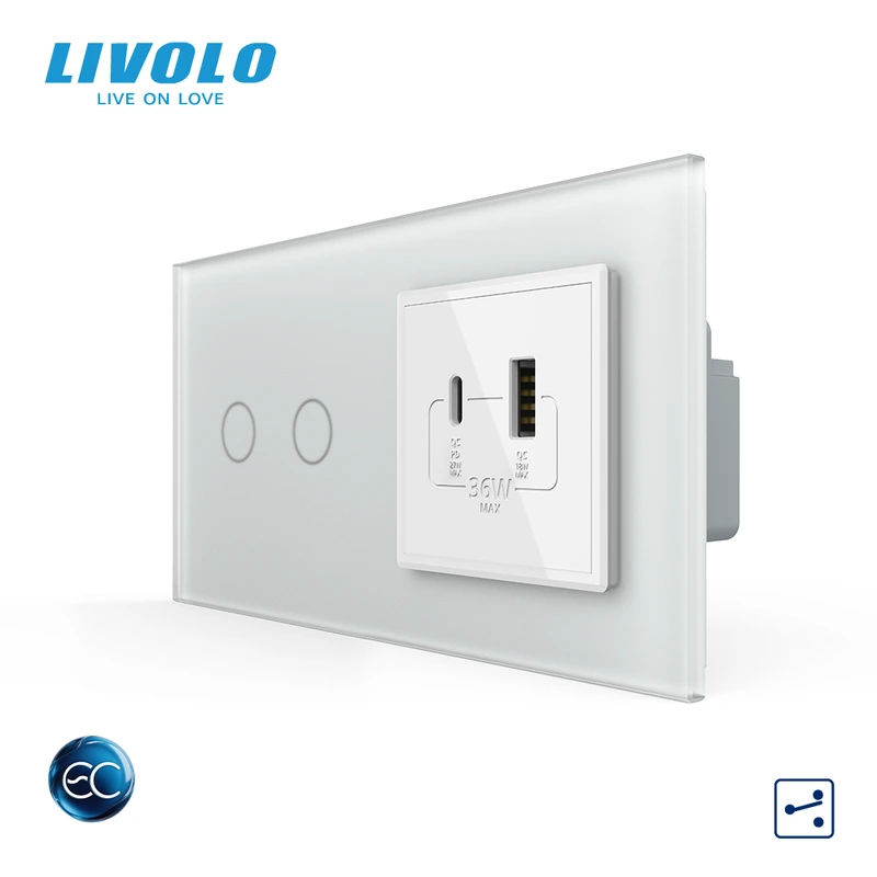 Розумний сенсорний подвійний прохідний вимикач LIVOLO з розеткою USB-A + USB-C 36Вт білий матовый скляна рамка