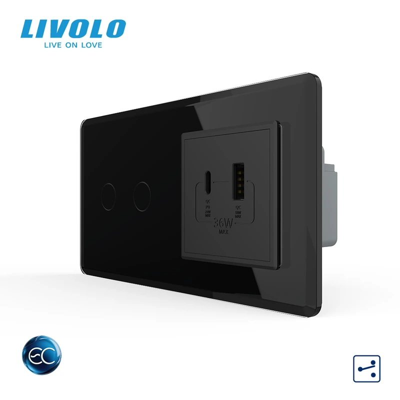Розумний сенсорний подвійний прохідний вимикач LIVOLO з розеткою USB-A + USB-C 36Вт чорний 2.5D скляна рамка