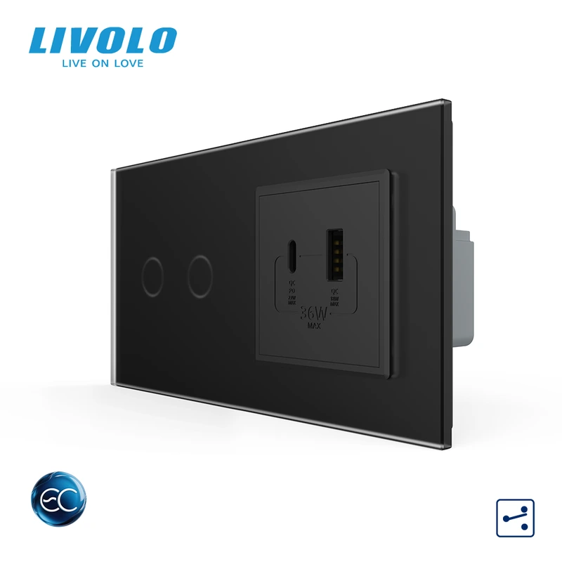 Розумний сенсорний подвійний прохідний вимикач LIVOLO з розеткою USB-A + USB-C 36Вт чорний матовый скляна рамка
