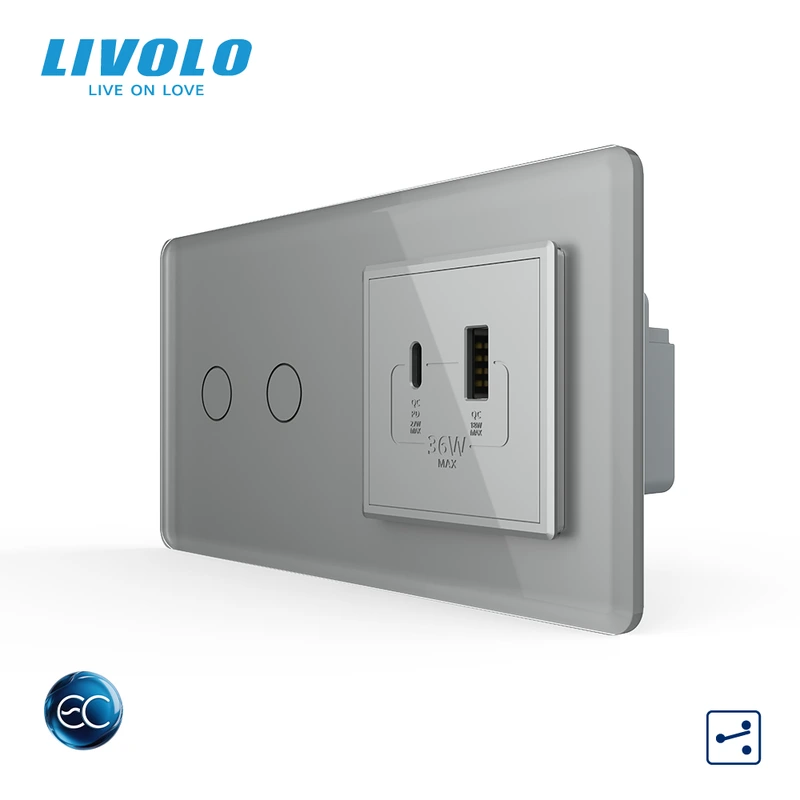 Розумний сенсорний подвійний прохідний вимикач LIVOLO з розеткою USB-A + USB-C 36Вт сірий 2.5D скляна рамка