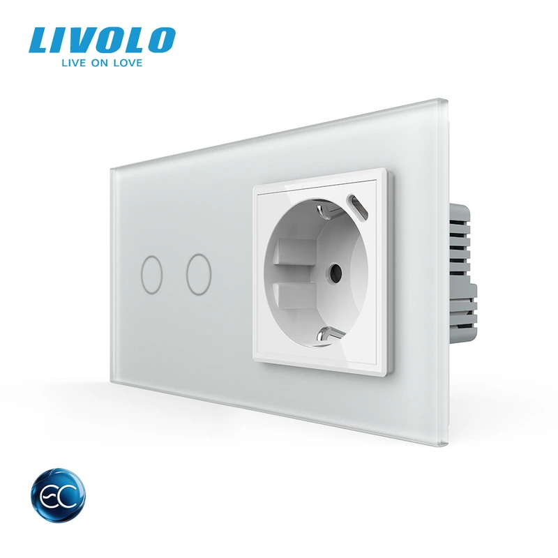 Розумний сенсорний подвійний вимикач LIVOLO з розеткою та USB Type-C 18Вт, білий матовый, скло, дотиковий, заземлення,