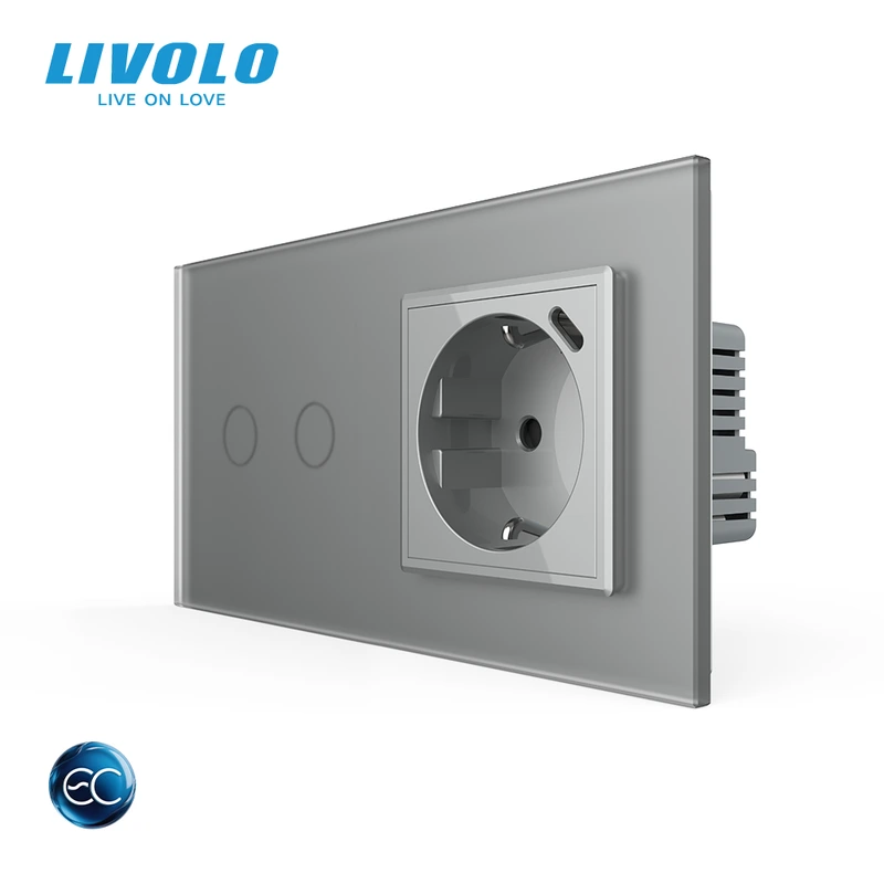 Розумний сенсорний подвійний вимикач LIVOLO з розеткою та USB Type-C 18Вт, сірий матовый, скло, дотиковий, заземлення,