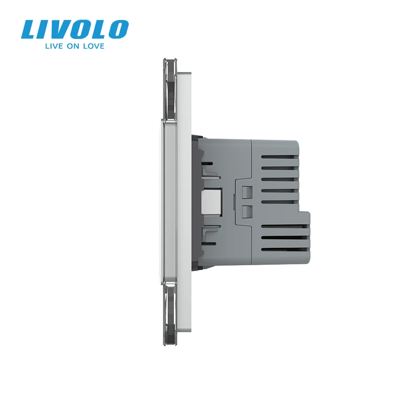 Розумний сенсорний прохідний димер з розеткою USB Type-C 18Вт LIVOLO, із заземленням, шторки, сірий, скло