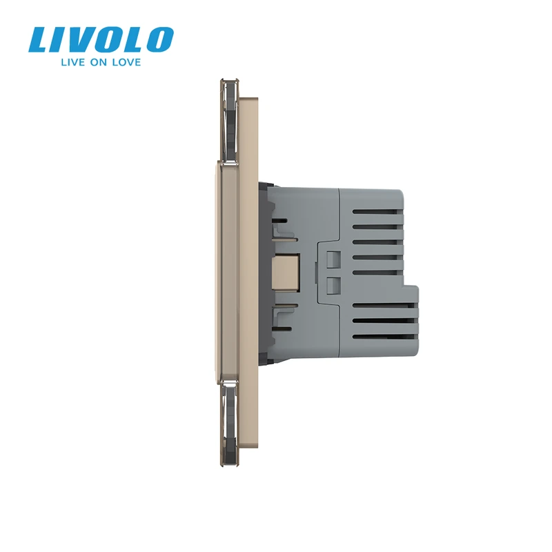 Розумний сенсорний прохідний димер з розеткою USB Type-C 18Вт LIVOLO, із заземленням, шторки, золото, скло