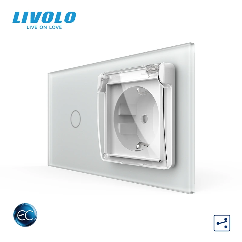 Розумний сенсорний прохідний вимикач LIVOLO з розеткою IP44 кришка білий матовый 16А 230В із заземленням шторки скло