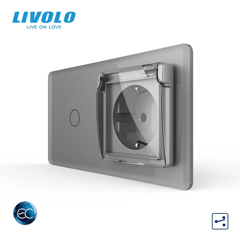 Розумний сенсорний прохідний вимикач LIVOLО з розеткою IP44 кришка сірий 2.5D 16А 230В із заземленням шторки скло