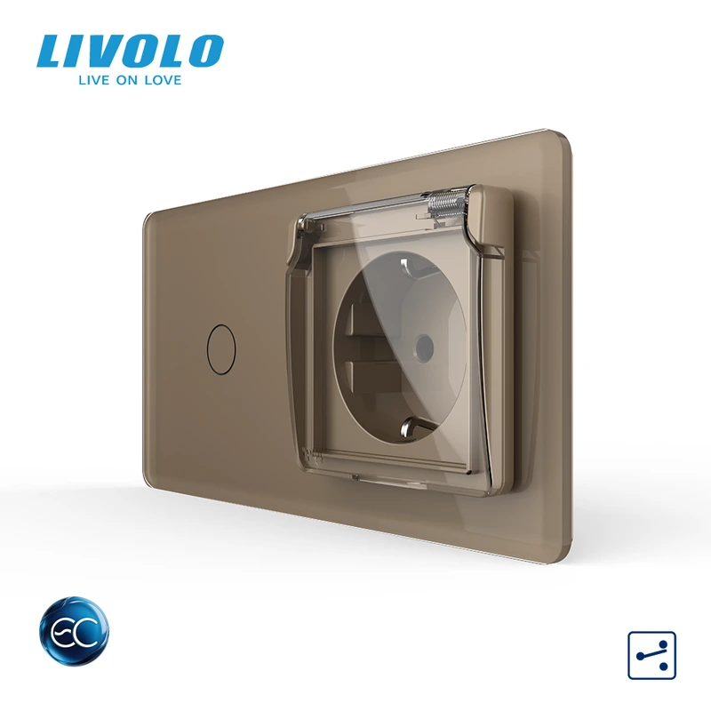 Розумний сенсорний прохідний вимикач LIVOLO з розеткою IP44 кришка золотий 2.5D 16А 230В із заземленням шторки скло