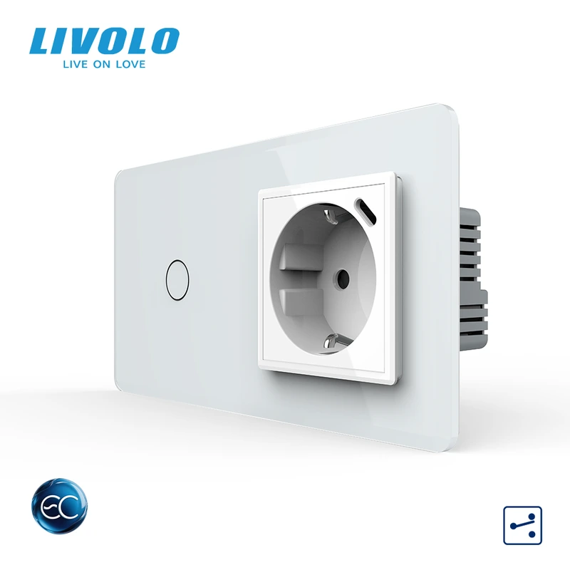 Розумний сенсорний прохідний вимикач LIVOLO з розеткою та USB Type-C 18Вт, білий 2.5D, скло, дотиковий, заземлення,