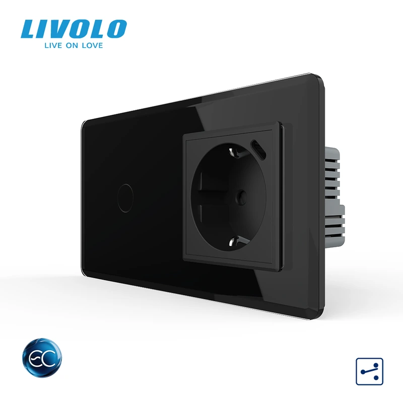 Розумний сенсорний прохідний вимикач LIVOLO з розеткою та USB Type-C 18Вт, чорний 2.5D, скло, дотиковий,