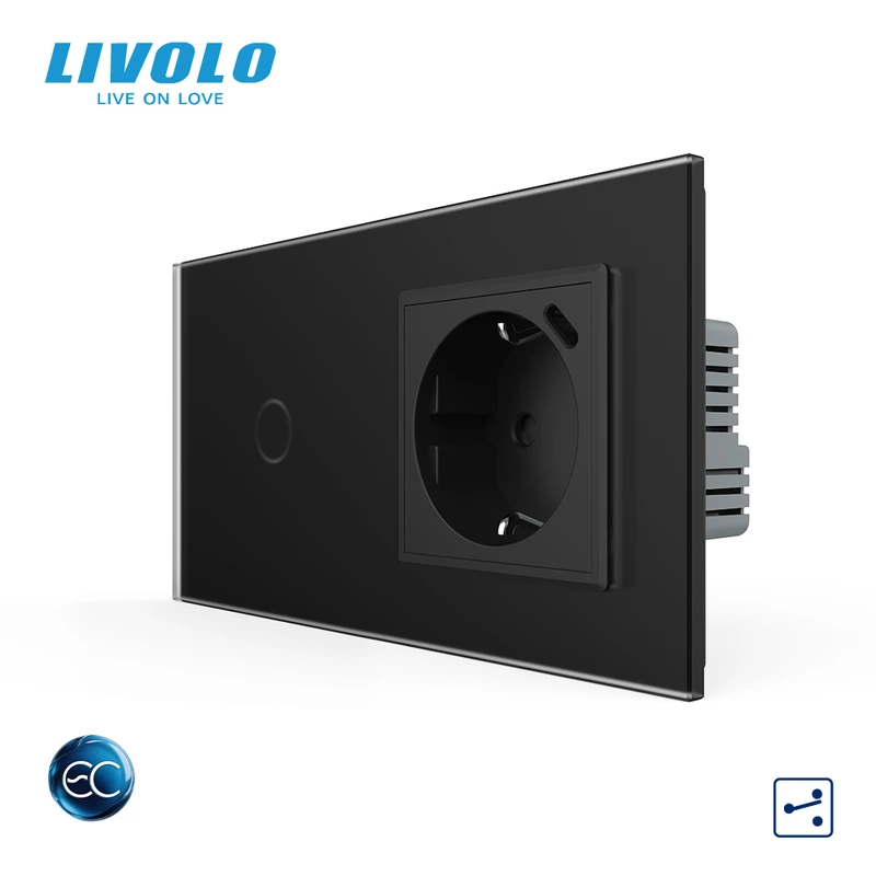 Розумний сенсорний прохідний вимикач LIVOLO з розеткою та USB Type-C 18Вт, чорний матовый, скло, дотиковий,