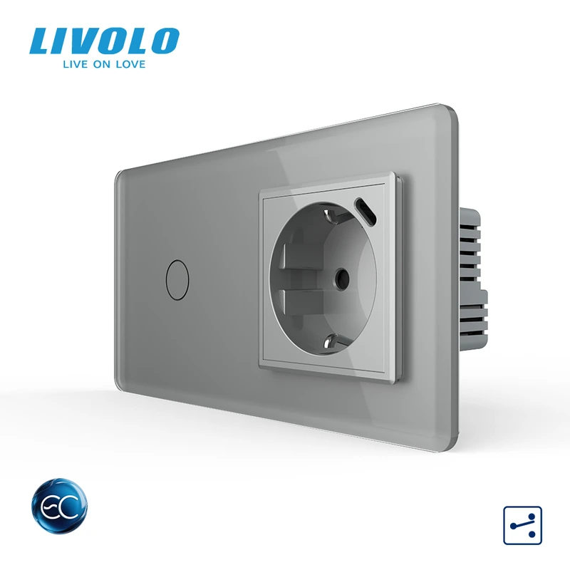 Розумний сенсорний прохідний вимикач LIVOLO з розеткою та USB Type-C 18Вт, сірий 2.5D, скло, дотиковий, заземлення,