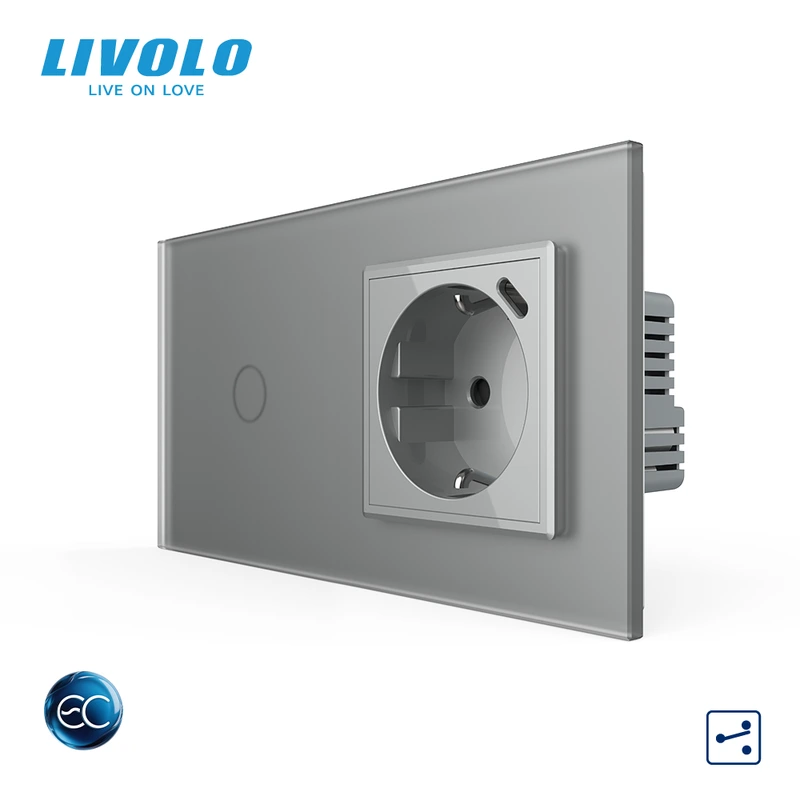 Розумний сенсорний прохідний вимикач LIVOLO з розеткою та USB Type-C 18Вт, сірий матовый, скло, дотиковий, заземлення,
