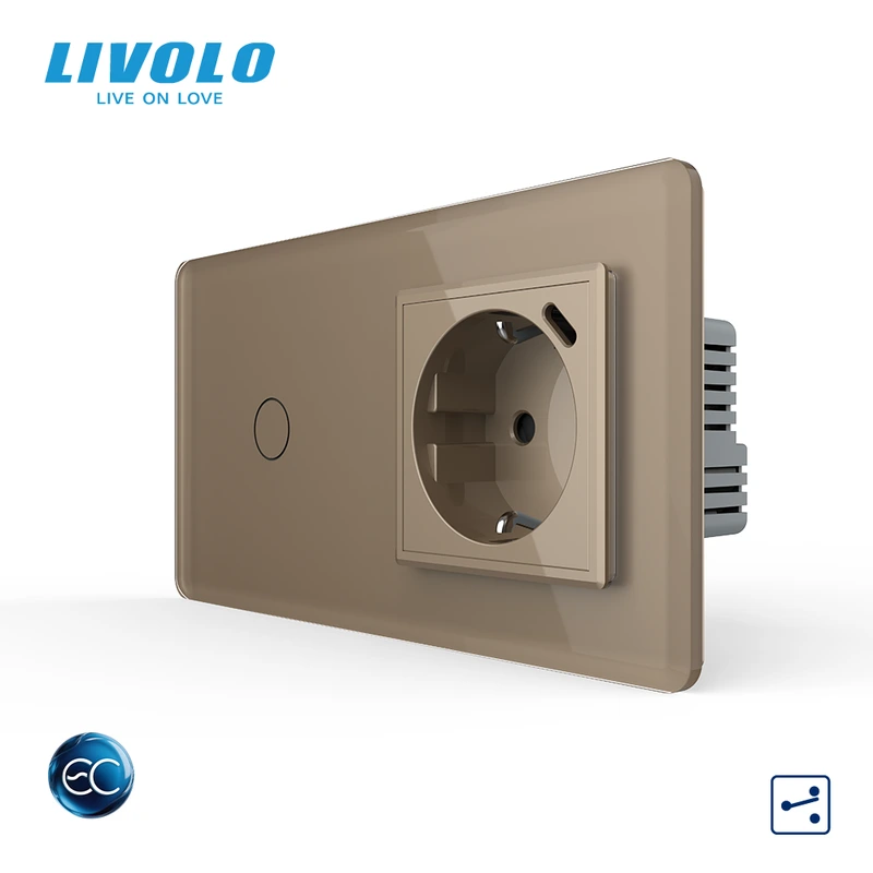 Розумний сенсорний прохідний вимикач LIVOLO з розеткою та USB Type-C 18Вт, золотий 2.5D, скло, дотиковий,