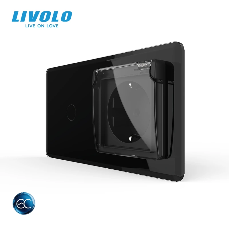 Розумний сенсорний вимикач LIVOLO з розеткою IP44 кришка чорний 2.5D 16А 230В із заземленням шторки скло