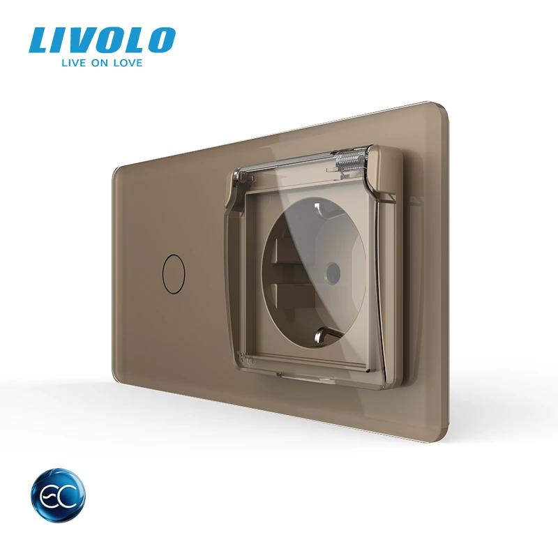 Розумний сенсорний вимикач LIVOLO з розеткою IP44 кришка золотий 2.5D 16А 230В із заземленням шторки скло