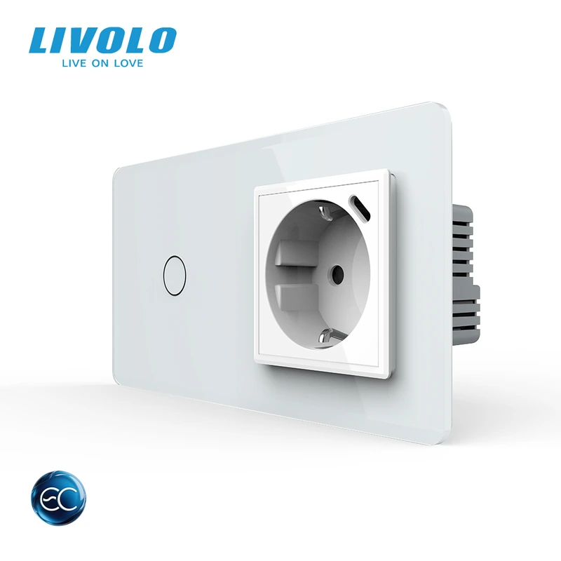 Розумний сенсорний вимикач LIVOLO з розеткою та USB Type-C 18Вт, білий 2.5D, скло, дотиковий, із заземленням,
