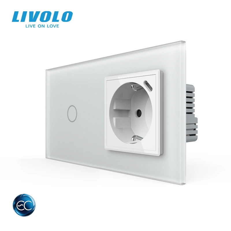 Розумний сенсорний вимикач LIVOLO з розеткою та USB Type-C 18Вт, білий матовый, скло, дотиковий, із заземленням,