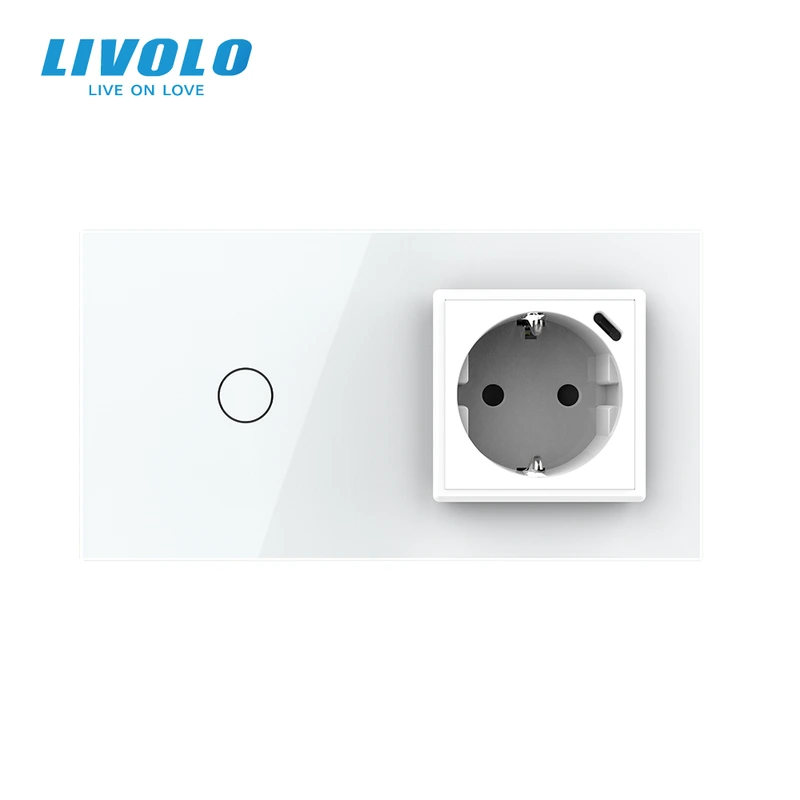 Розумний сенсорний вимикач LIVOLO з розеткою та USB Type-C 18Вт, білий, скло, дотиковий, із заземленням,
