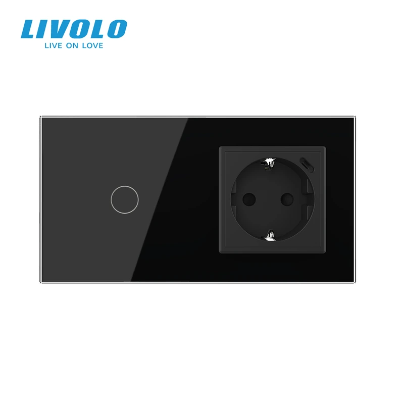 Розумний сенсорний вимикач LIVOLO з розеткою та USB Type-C 18Вт, чорний, скло, дотиковий, із заземленням,