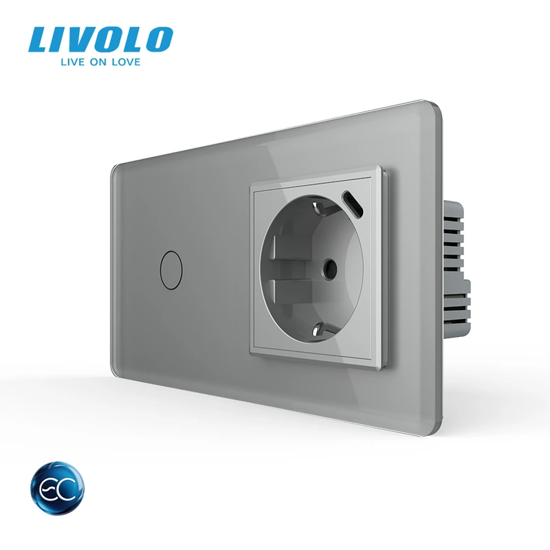 Розумний сенсорний вимикач LIVOLO з розеткою та USB Type-C 18Вт, сірий 2.5D, скло, дотиковий, із заземленням,
