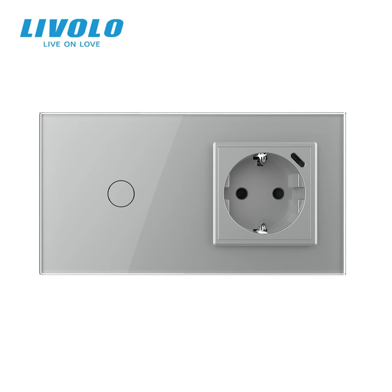 Розумний сенсорний вимикач LIVOLO з розеткою та USB Type-C 18Вт, сірий, скло, дотиковий, із заземленням,