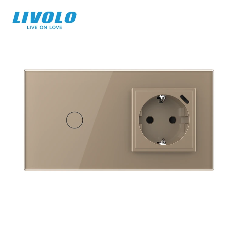 Розумний сенсорний вимикач LIVOLO з розеткою та USB Type-C 18Вт, золотий, скло, дотиковий, із заземленням,