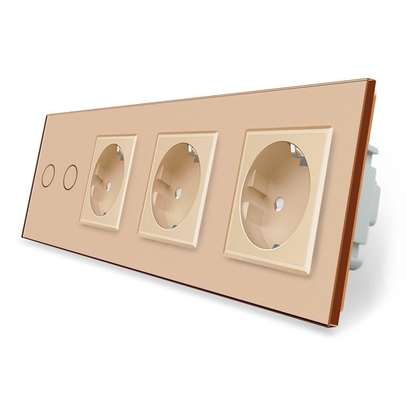 Розумний сенсорний ZigBee вимикач 2 сенсора 3 розетки Livolo золото скло (VL-C702Z/C7C3EU-13)