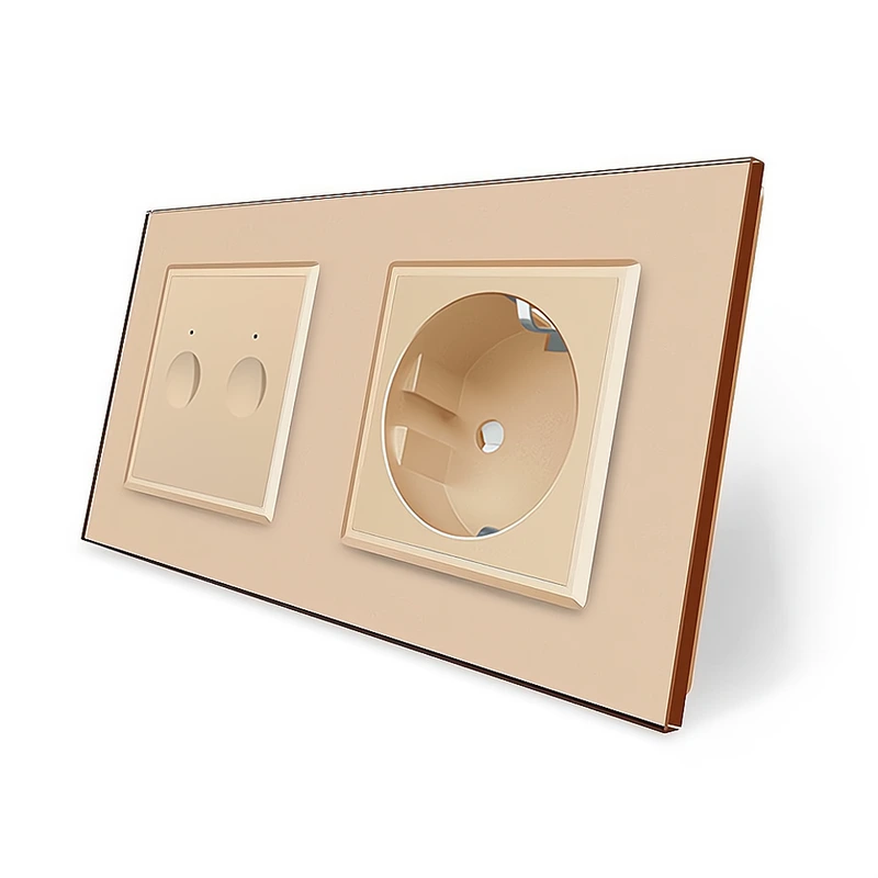 Сенсорний прохідний/перехресний вимикач Sense 2 сенсора 1 розетка Livolo золотий скло (VL-C7FC2S/FCTC16A-4AP) (VL-C7FC2APS/FCTC16A-4AP)