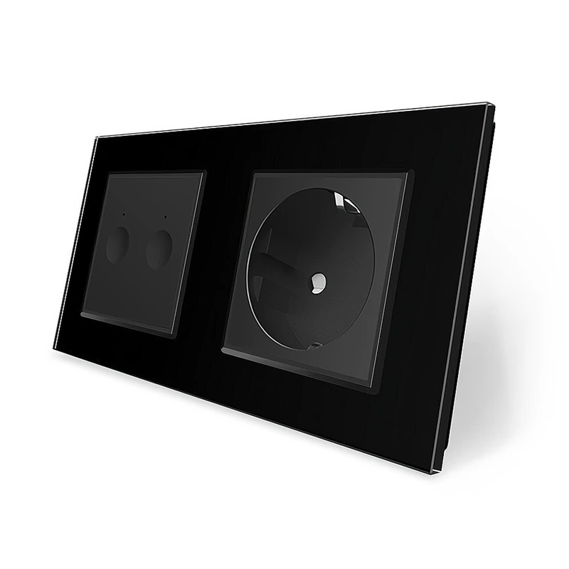 Сенсорний прохідний/перехресний вимикач Sense 2 сенсора 1 розетка Livolo чорний скло (VL-C7FC2S/FCTC16A-4BP) (VL-C7FC2BPS/FCTC16A-4BP)