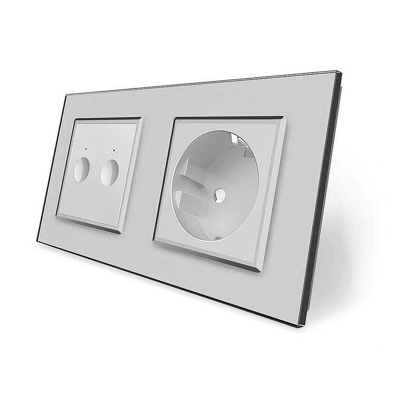 Сенсорний прохідний/перехресний вимикач Sense 2 сенсора 1 розетка Livolo сірий скло (VL-C7FC2S/FCTC16A-4IP) (VL-C7FC2IPS/FCTC16A-4IP)