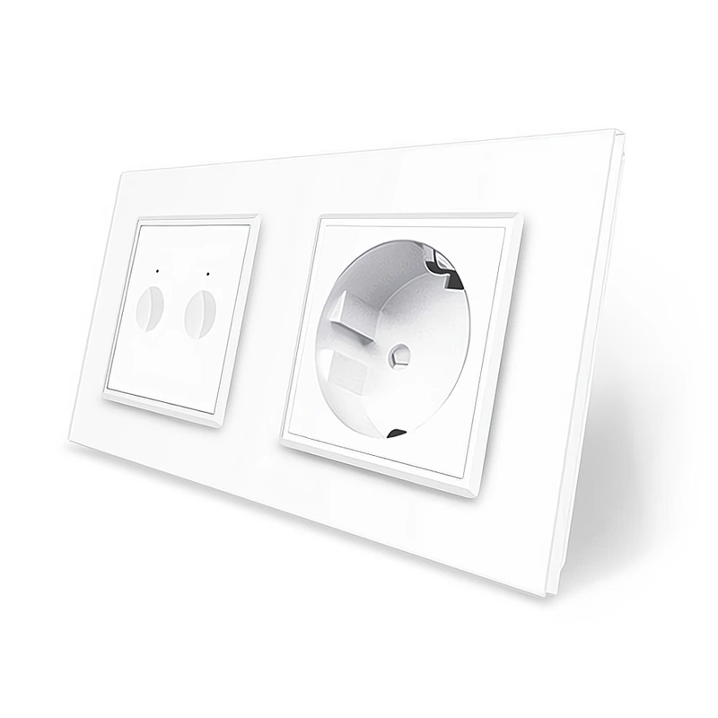 Сенсорний прохідний/перехресний вимикач Sense 2 сенсора 1 розетка Livolo білий скло (VL-C7FC2S/FCTC16A-4WP) (VL-C7FC2WPS/FCTC16A-4WP)