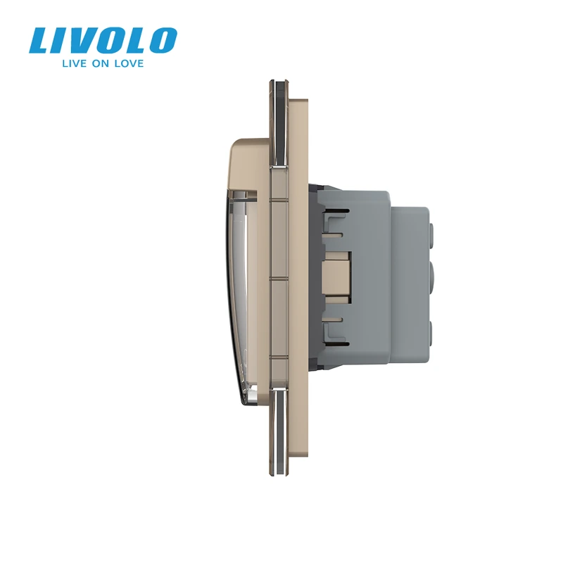 Сенсорний димер LIVOLO 4 сенсори (2-2) з розеткою IP44, кришка, золото скло, 16A 230V, заземлення