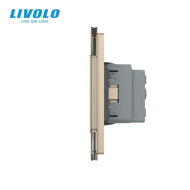 Сенсорний димер LIVOLO 4 сенсори (2-2) з розеткою, золотий, скло, 16A 230V, із заземленням, захисні шторки