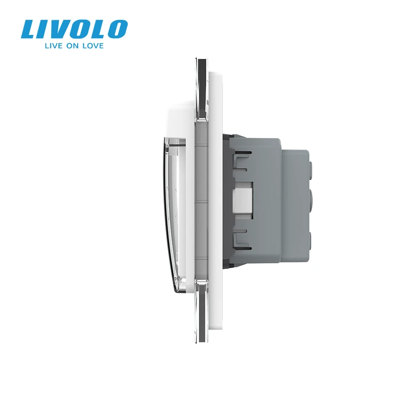 Сенсорний димер з розеткою та кришкою IP44 LIVOLO 16А 230В, із заземленням, шторки, білий, скло
