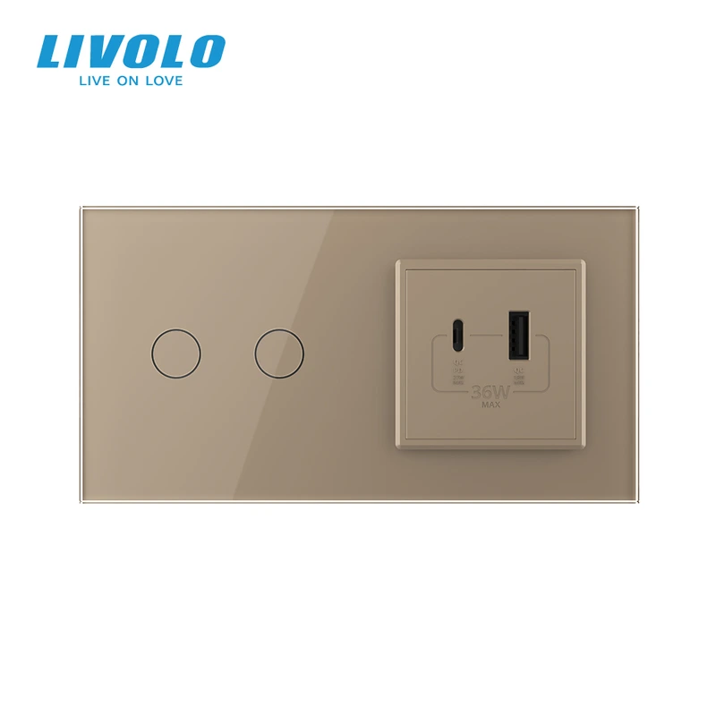 Сенсорний (дотиковий) подвійний вимикач LIVOLO з розеткою USB-A + USB-C 36Вт золотий скло