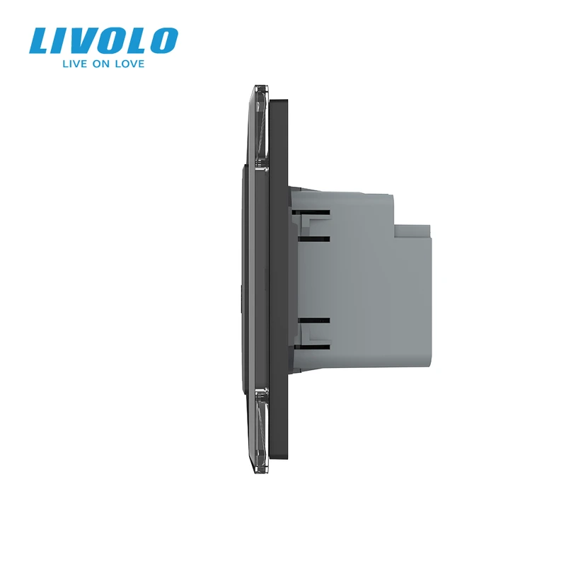 Сенсорний (дотиковий) прохідний подвійний вимикач LIVOLO з розеткою USB-A + USB-C 36 Вт чорний 2.5D скляна рамка