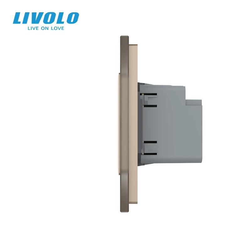Сенсорний (дотиковий) прохідний вимикач LIVOLO з розеткою USB-A + USB-C 36Вт золотий матовый скляна рамка
