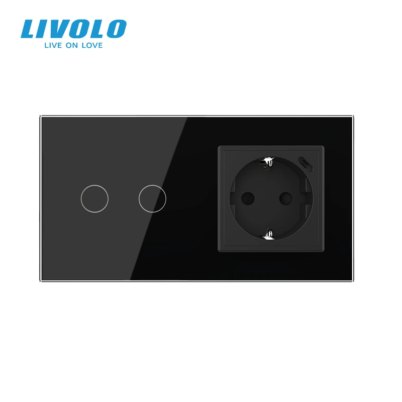 Сенсорний подвійний прохідний вимикач LIVOLO з розеткою та USB Type-C 18Вт, чорний, скло, із заземленням