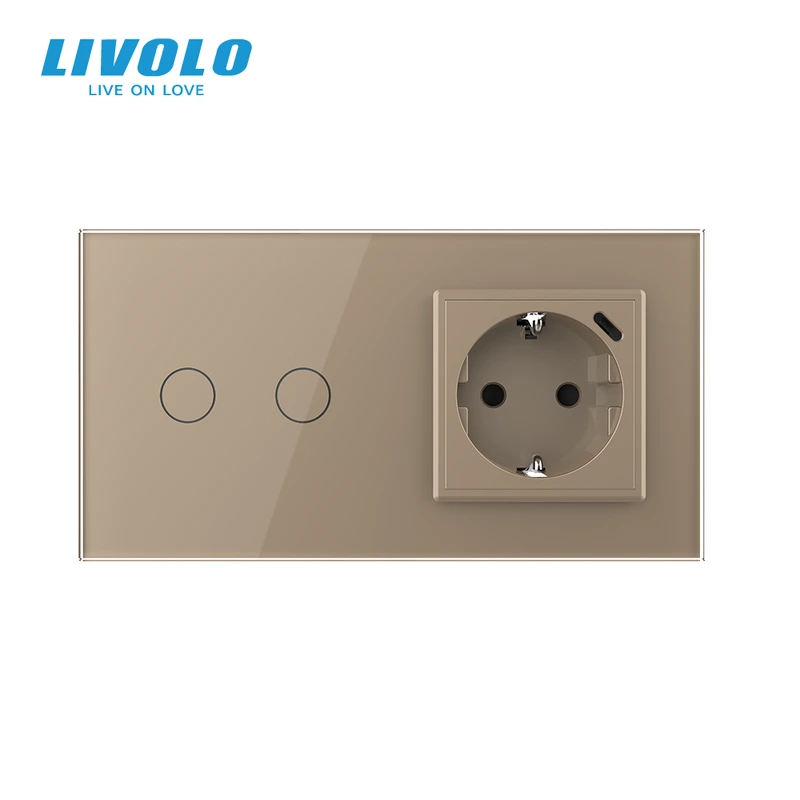 Сенсорний подвійний вимикач LIVOLO з USB Type-C 18 Вт золотий 16 А 230 В із заземленням шторки скло