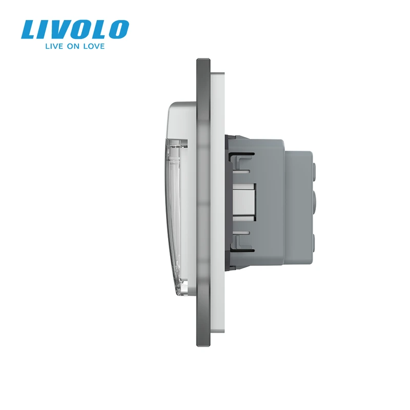 Сенсорний прохідний вимикач LIVOLO з розеткою IP44 кришка сірий матовый 16А 230В із заземленням шторки скло