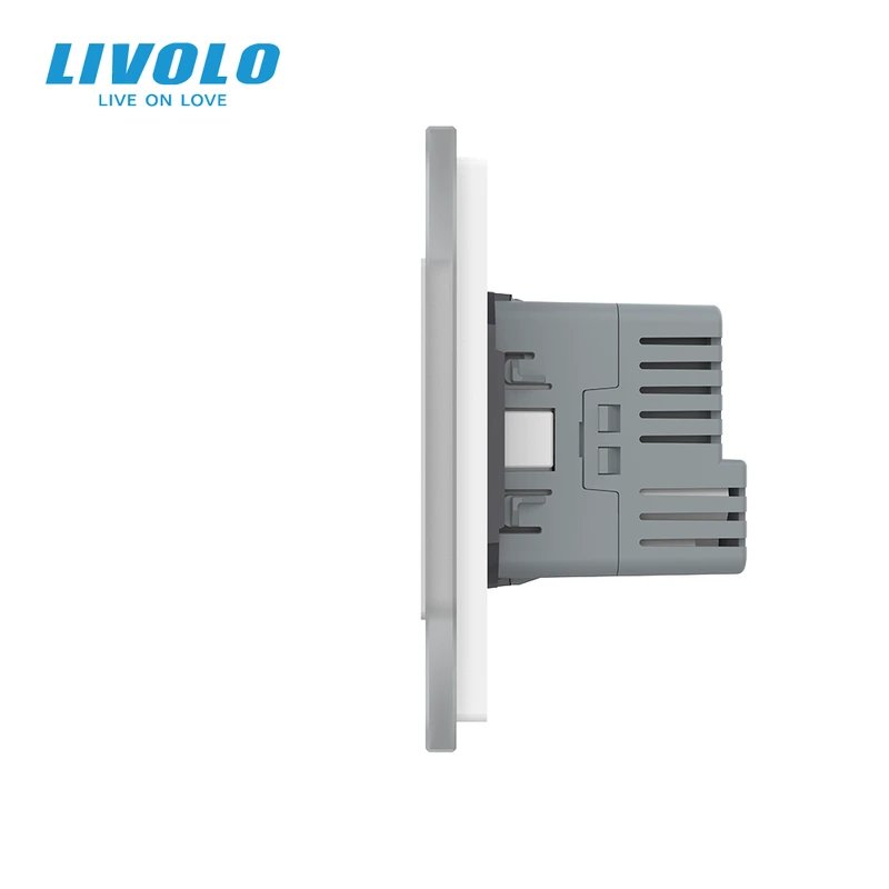 Сенсорний вимикач LIVOLO з розеткою та USB Type-C 18Вт, білий матовый, скло, із заземленням і шторками, 16А 230В