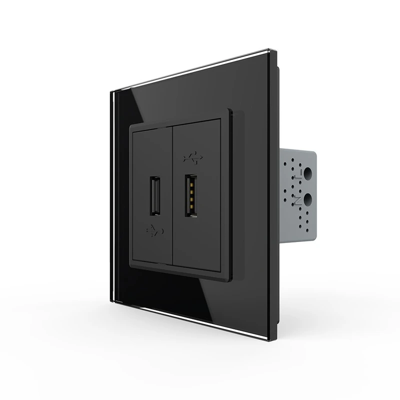 Розетка подвійна USB з блоком живлення LIVOLO чорна матова скло