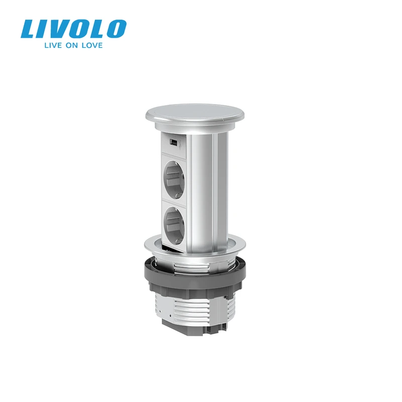 Висувна розетка з двох розеток та USB Livolo срібний (VL-SHS019-FCTC-S)