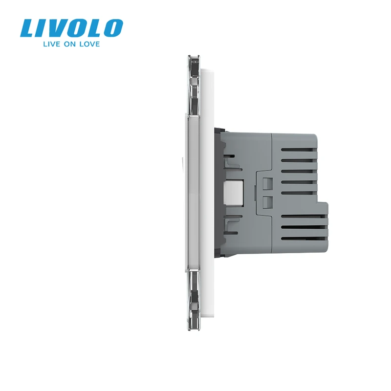 Вимикач універсальний (звичайний/прохідний) з розеткою та розеткою з USB Type-C 18Вт, заземлення, захисні шторки, LIVOLO білий скло