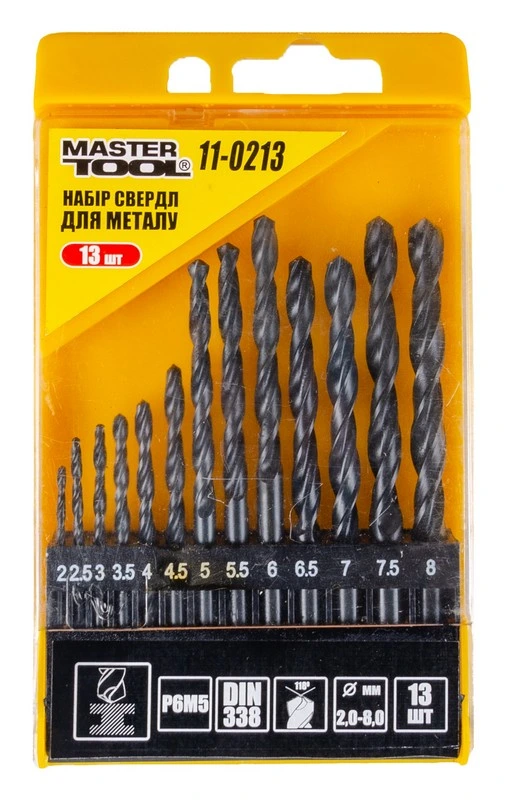 Набір свердл для металу MASTERTOOL 13 шт HSS BLACK 2-8 мм plastic box 11-0213