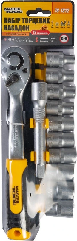 Набір головок торцевих 6-гранних MASTERTOOL ½" 8-19 мм з тріскачкою 72 зубці подовжувач CrV 12 шт 78-1312