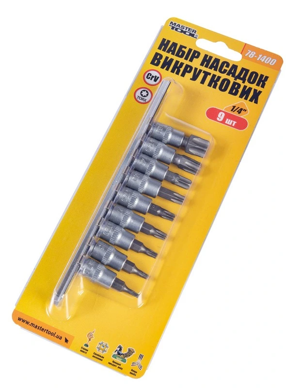 Набір головок торцевих з викрутковими насадками TORX MASTERTOOL ¼" T10-T60 CrV 9 шт 78-1400
