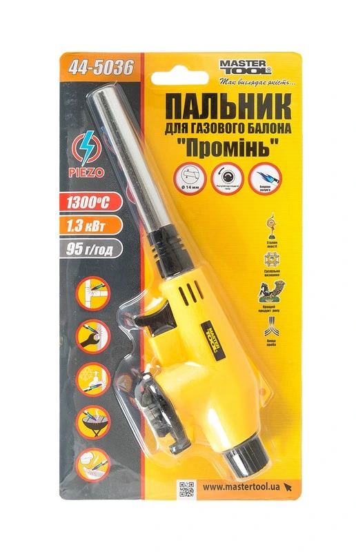 Пальник для газового балона MASTERTOOL "Промінь" п'єзопідпал Ø 14 мм/1300°С подовжене сопло 44-5036
